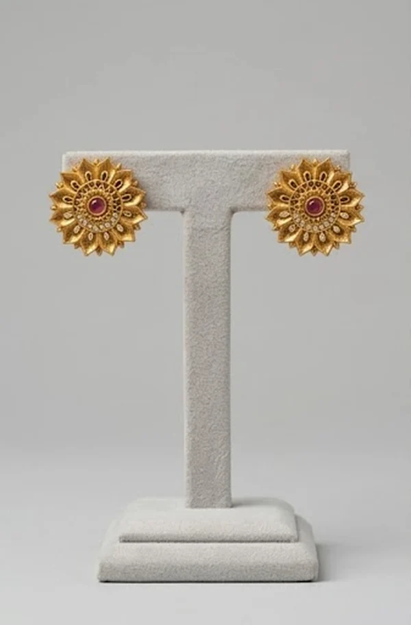 Antique Gold Ruby Floral Mandala Stud Earrings