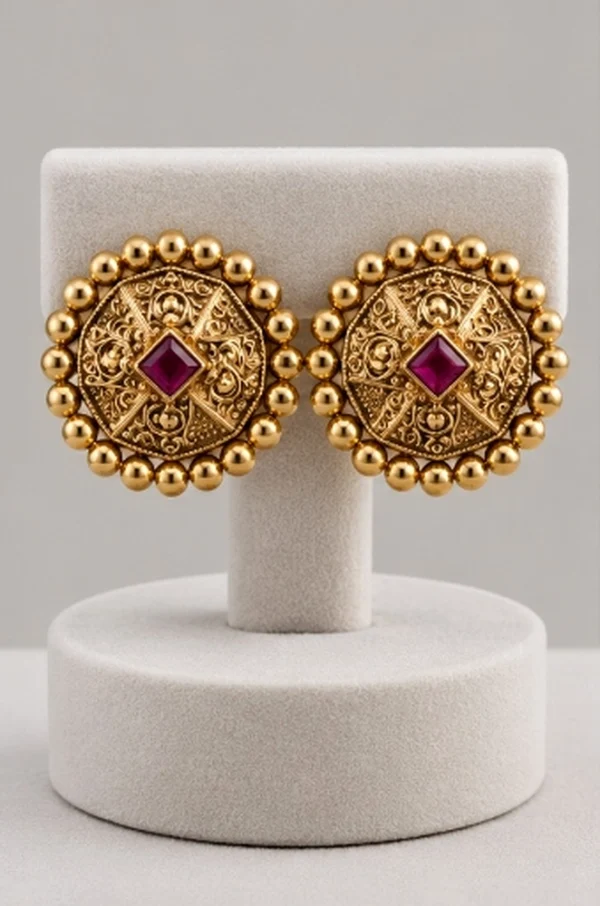 Antique Gold Ruby Medallion Stud Earrings