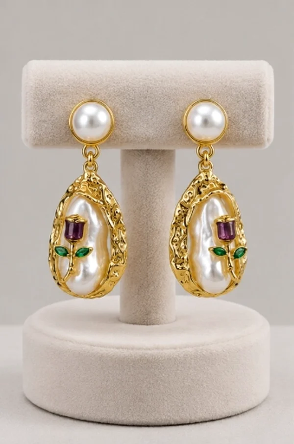 Baroque Pearl Tulip Flower Drop Earrings