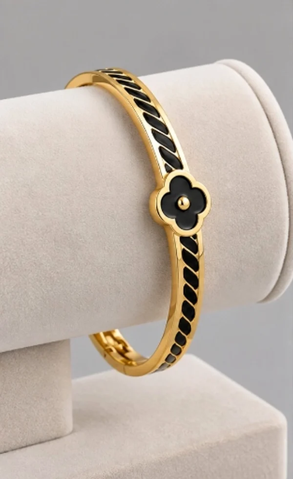 Black Enamel Rope Clover Hinged Bangle Bracelet