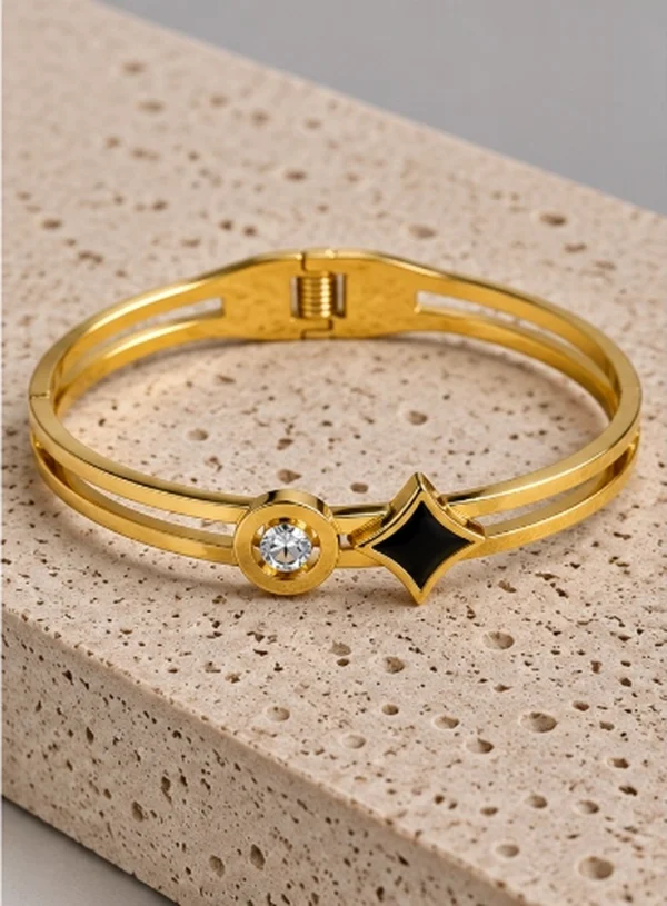 Geometric Star Railing Black Enamel Star & Crystal Bezel Split Bangle Bracelet | Anti-Tarnish ...