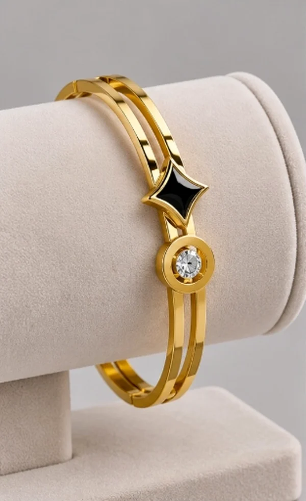 Black Enamel Star & Crystal Bezel Split Bangle Bracelet