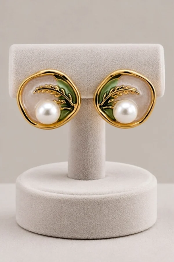 Botanical Pearl Enamel Button Stud Earrings