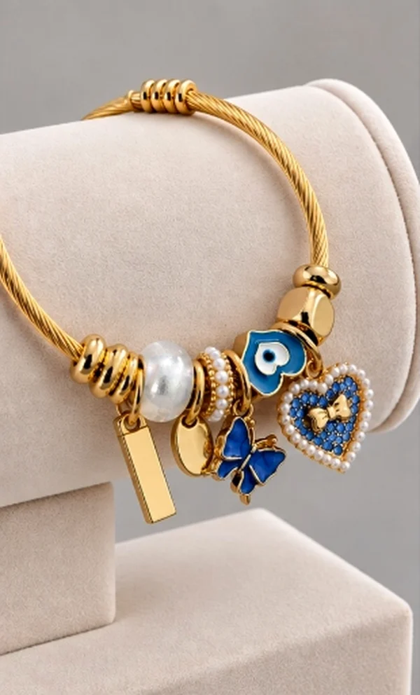 Evil Eye Butterfly & Crystal Heart Charm Cable Bangle Bracelet