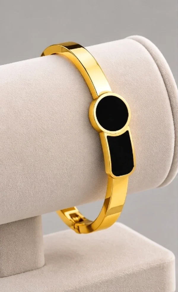 Geometric Black Enamel Disc & Bar Bangle Bracelet
