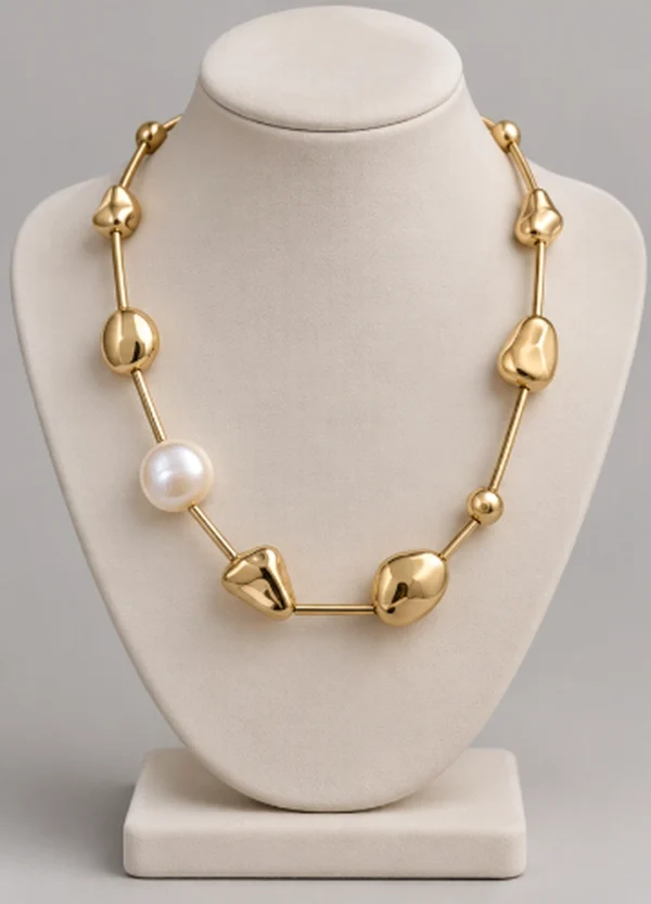Golden Beads & Baroque Pearl Necklace
