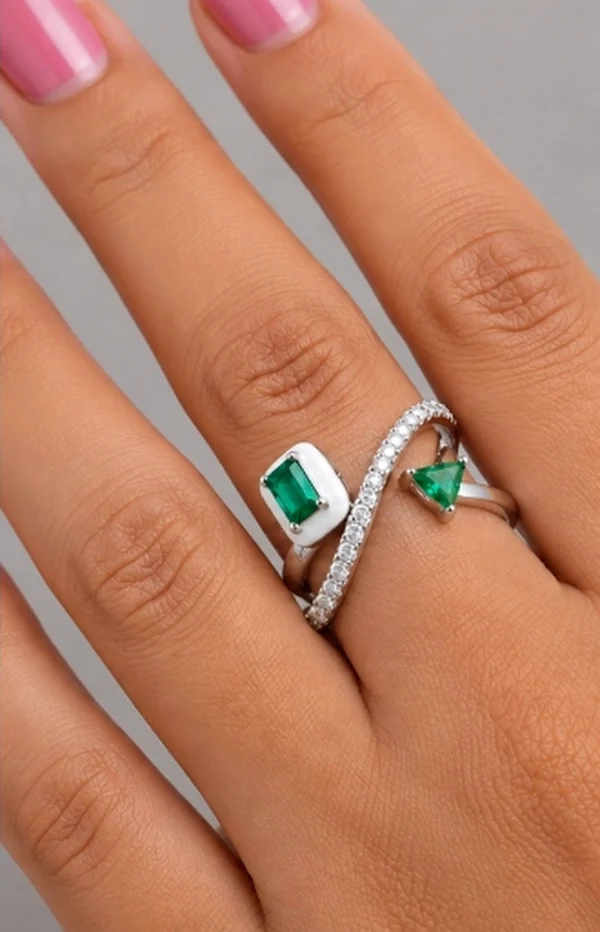 Green Stone Silver Crossover Ring