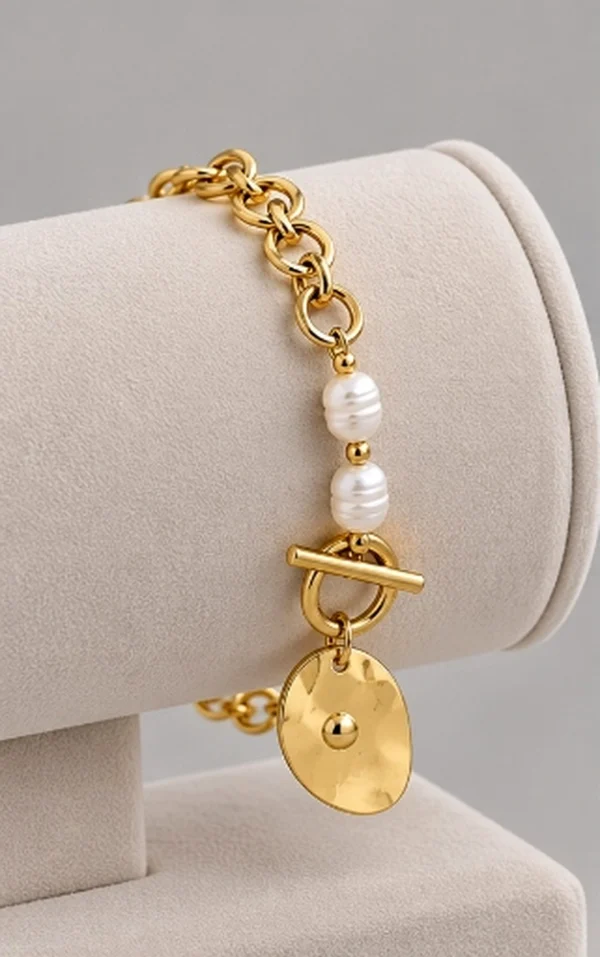 Hammered Coin Pearl Toggle Clasp Link Chain Bracelet