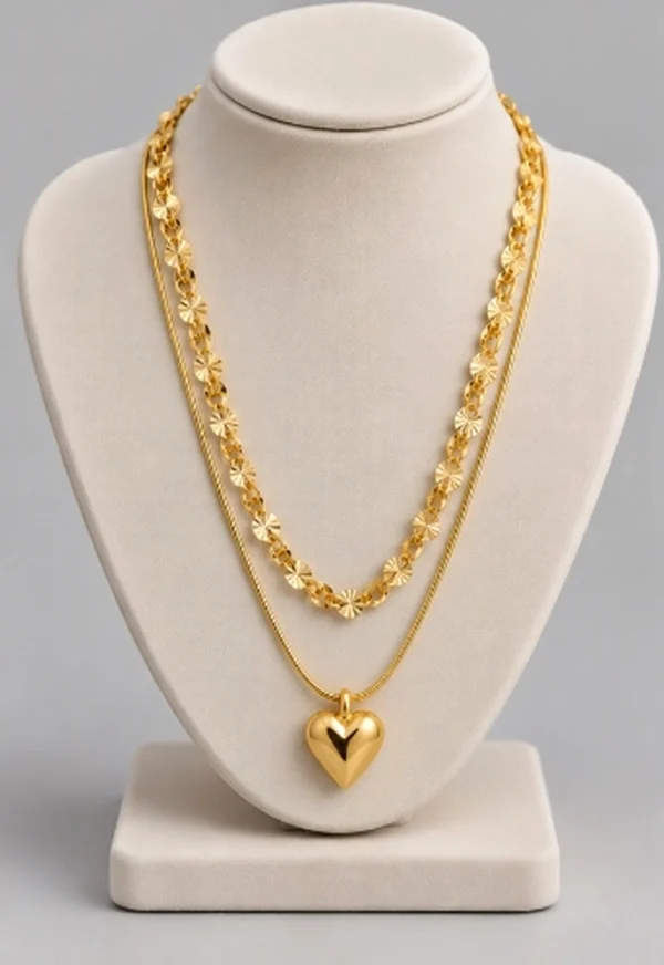 Layered Sunburst Sequin & Puffy Heart Necklace
