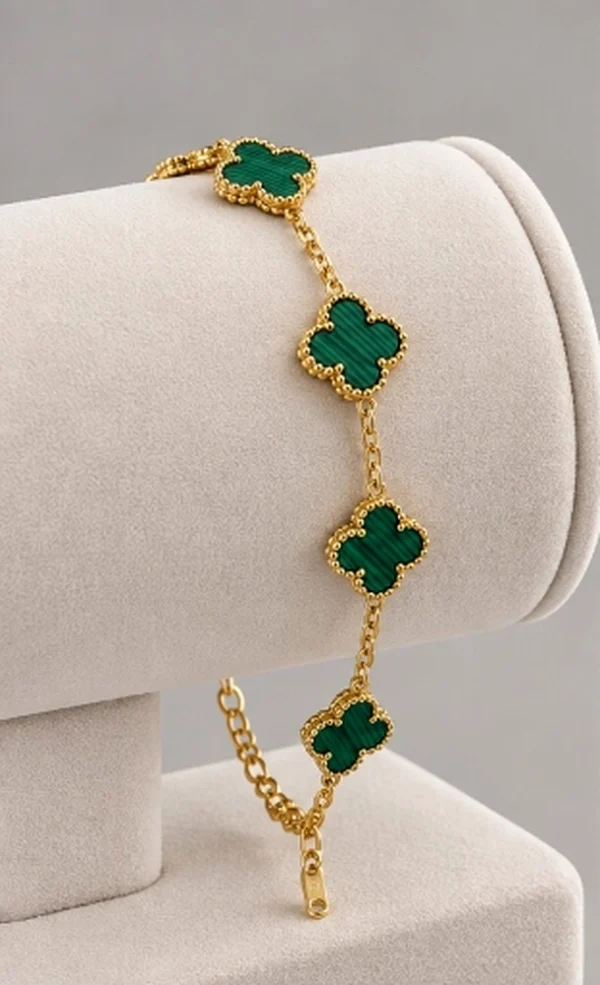 Emerald Malachite Beaded Clover Station Chain Bracelet