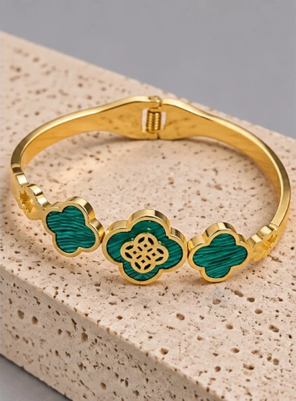 Emerald Malachite Filigree Clover Hinged Bangle Bracelet