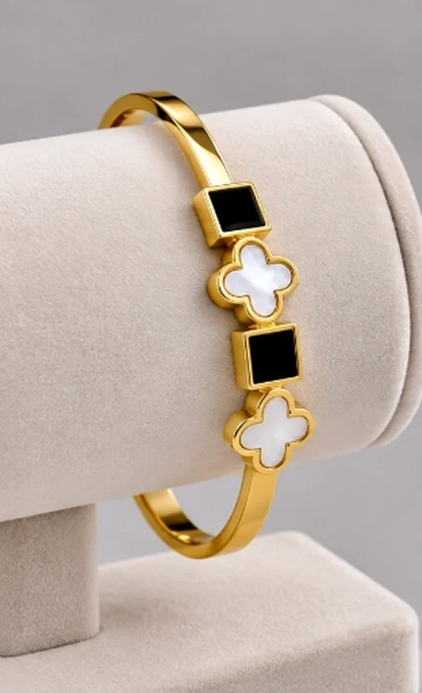 Mother of Pearl Clover & Black Onyx Station Bangle Bracelet
