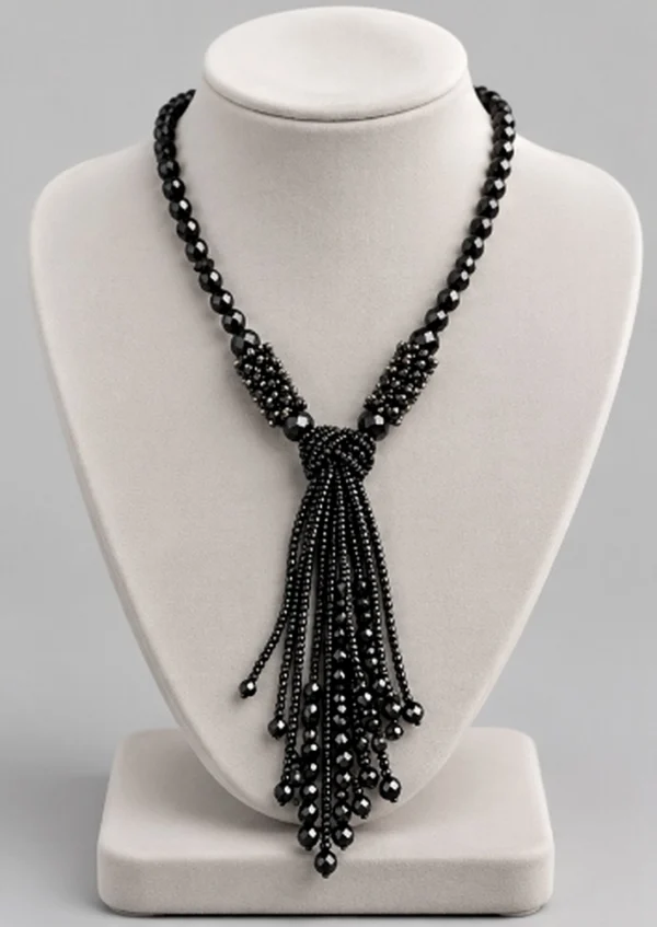 Black Crystal Knotted Tassel Long Necklace