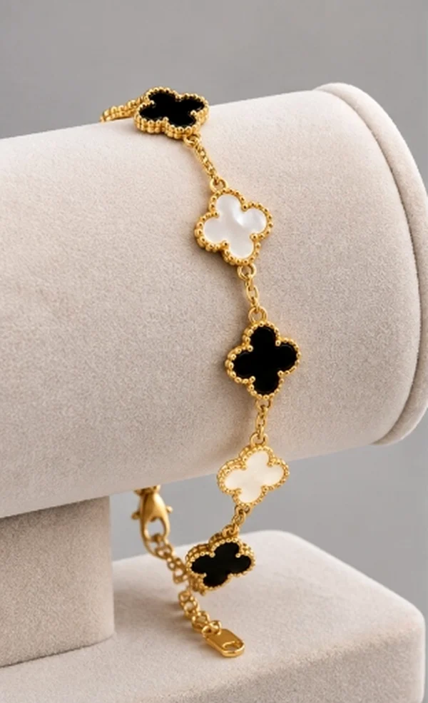 Black Onyx & Mother of Pearl Clover Station Chain Bracelet