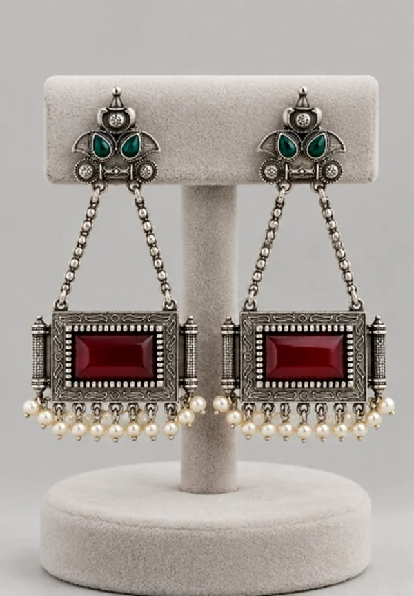 Oxidised Silver Maroon Stone Pearl Drop Earrings