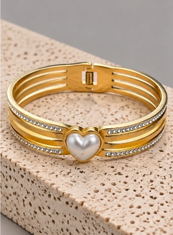 Crystal Pave Triple Band Pearl Heart Bangle Bracelet