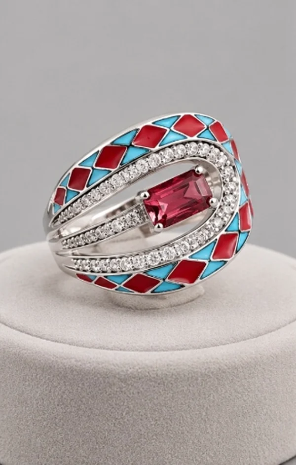 Pink Stone Mosaic Enamel Cocktail Ring
