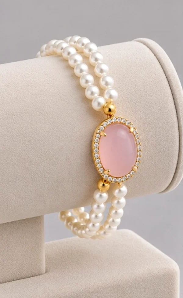 Rose Quartz Crystal Halo Double Pearl Strand Bracelet