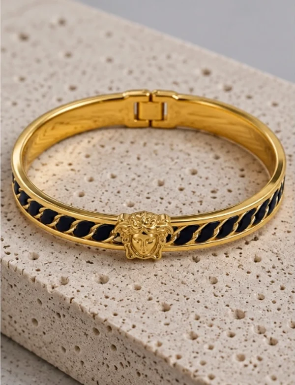 Royal Medusa Black Enamel Rope Bangle Bracelet