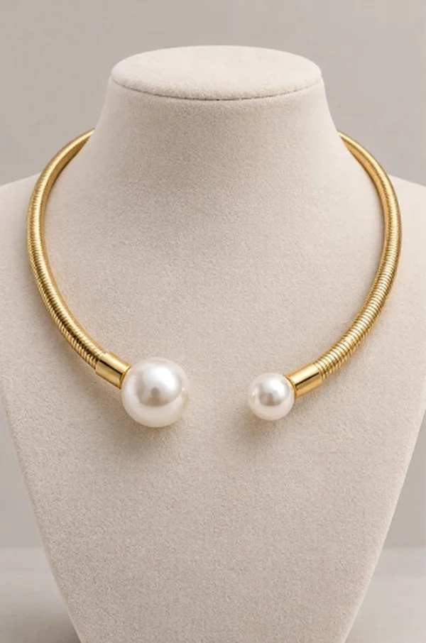 Sculptural Pearl Ribbed Open Collar Choker Necklace