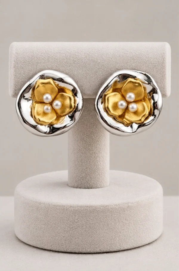 Sculptural Two Tone Floral Pearl Stud Earrings