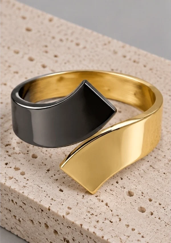 Sculptural Two-Tone Black & Gold Bypass Cuff Bangle