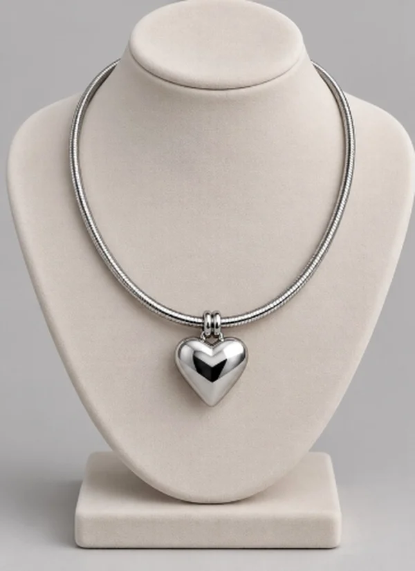 Silver Puffy Heart Pendant Chain