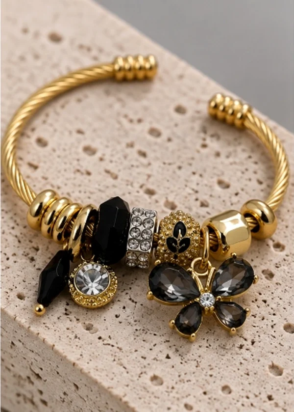 Smoky Crystal Butterfly & Black Charm Cable Bangle Bracelet