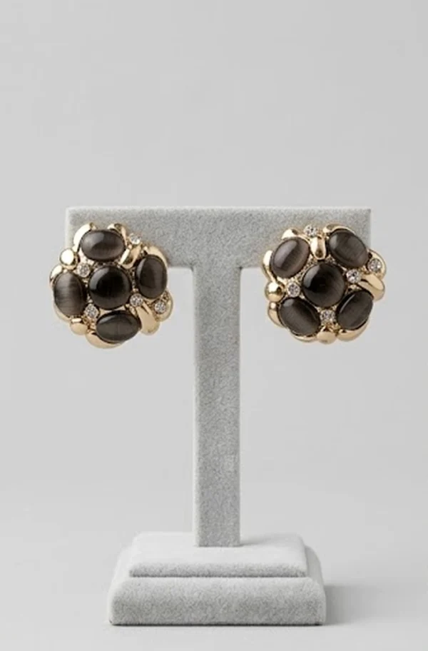 Smoky Cats Eye Floral Cluster Stud Earrings