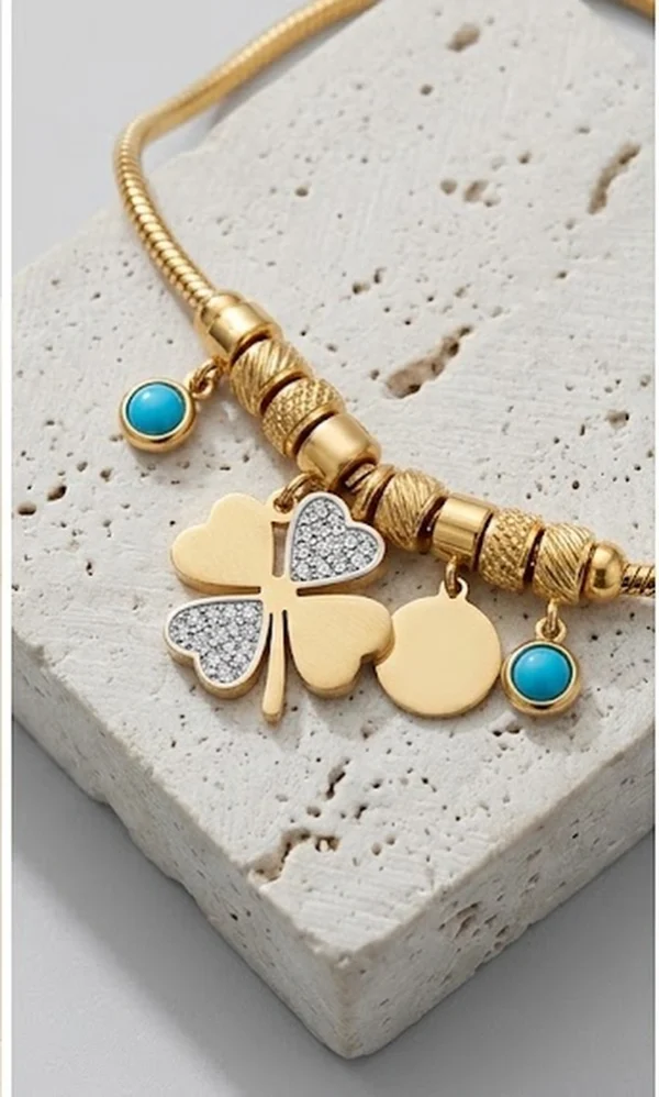 Turquoise Bead & Crystal Pave Clover Charm Snake Chain Bracelet