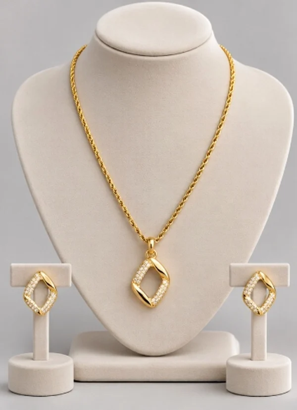 Geometric Diamond-Cut Crystal Pendant & Earrings Set