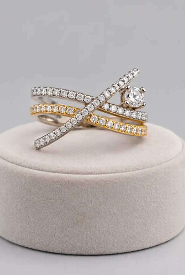 Two Tone Crisscross Crystal Solitaire Ring